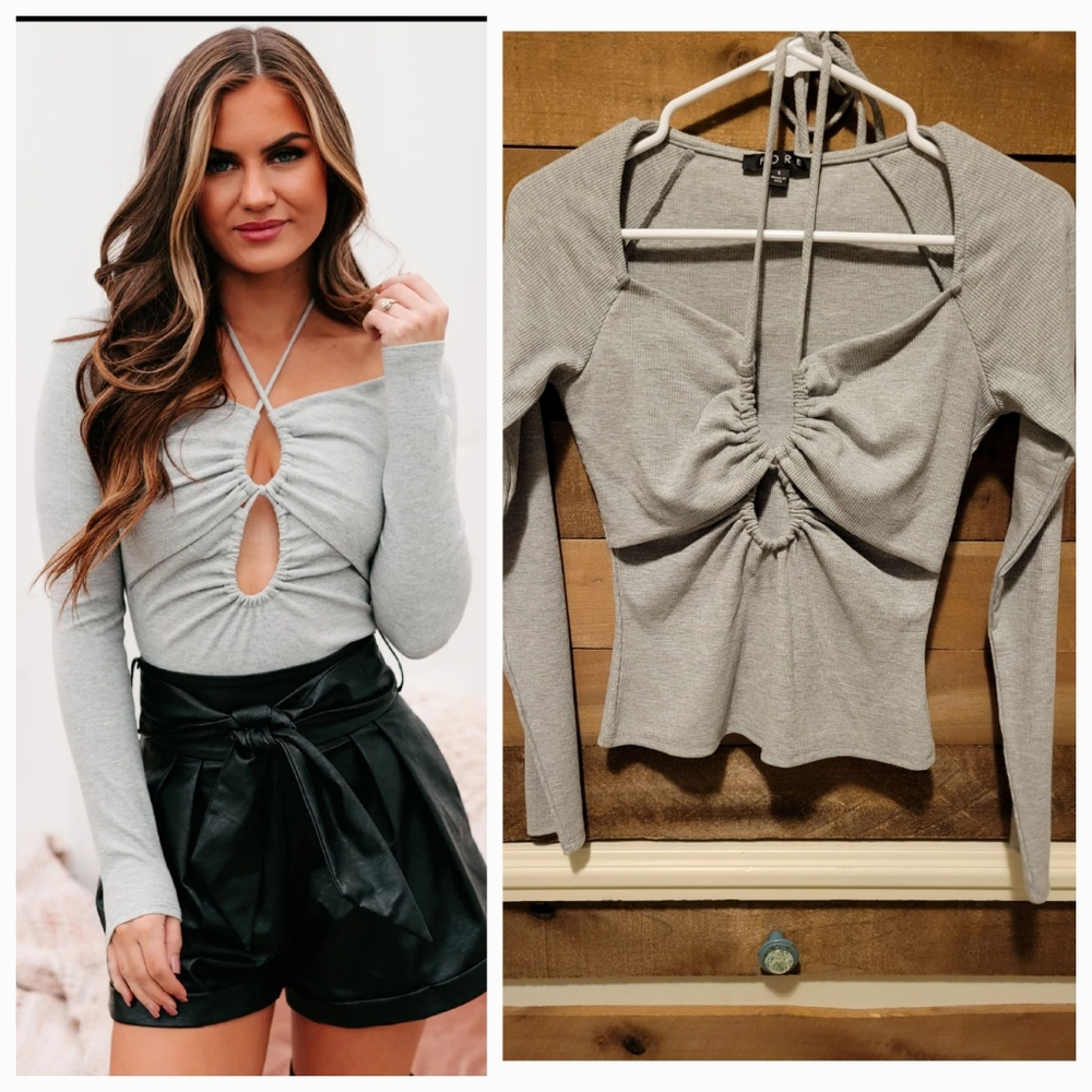 Grey small tie front long sleeve top